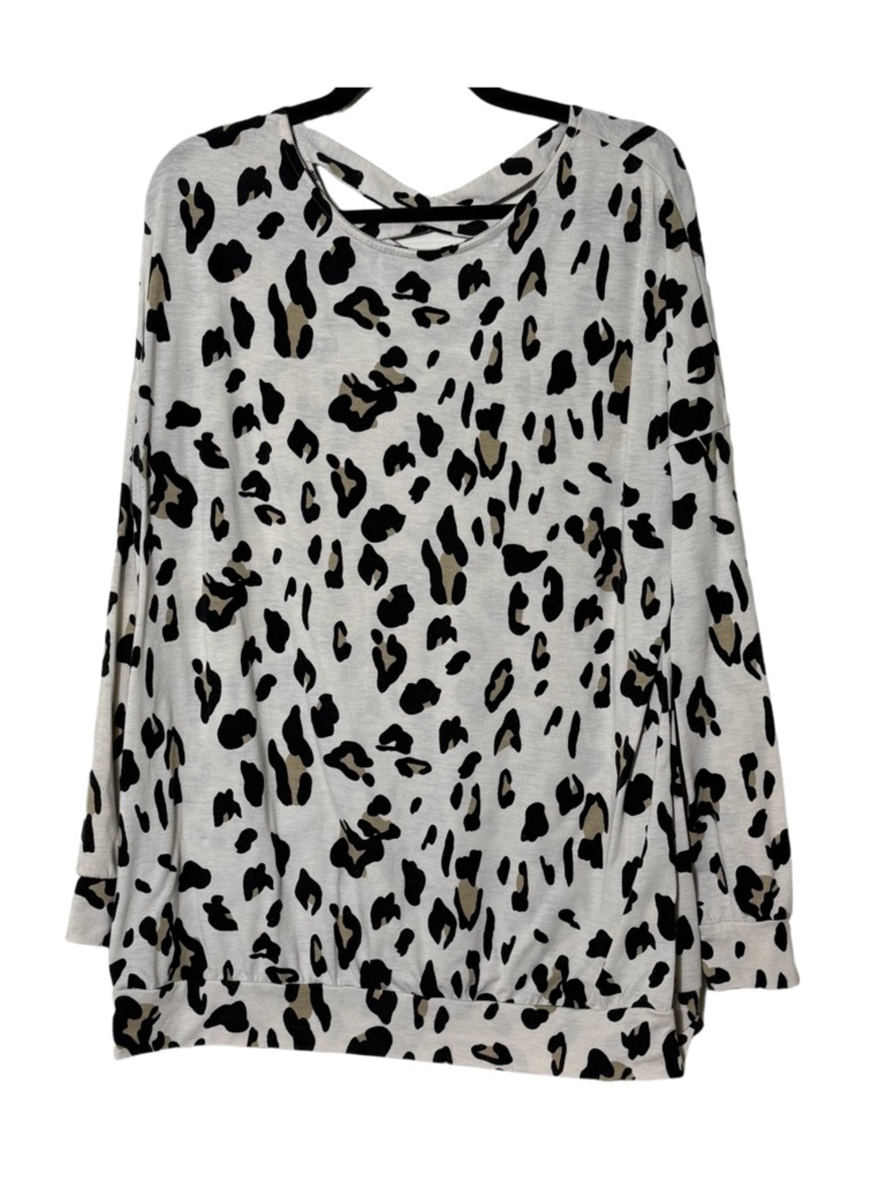 Tickled Teal Beige Leopard Print Long Sleeve Crisscross Back Top XL